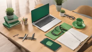 Mesa de escritório com laptop exibindo gráficos financeiros, calculadora e materiais de escritório, destacando a transformação da gestão financeira com contabilidade digital.